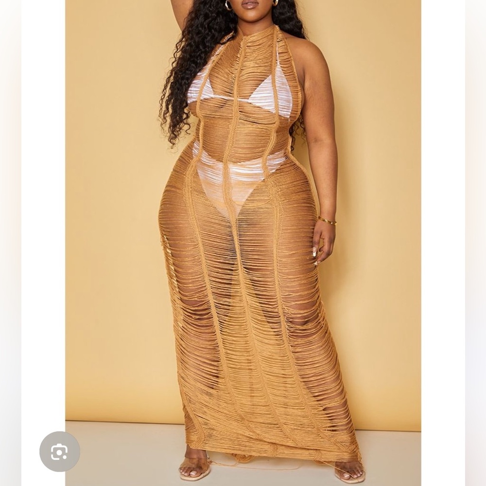 Plus Tan Tassel Knit Beach Dress-XXXL